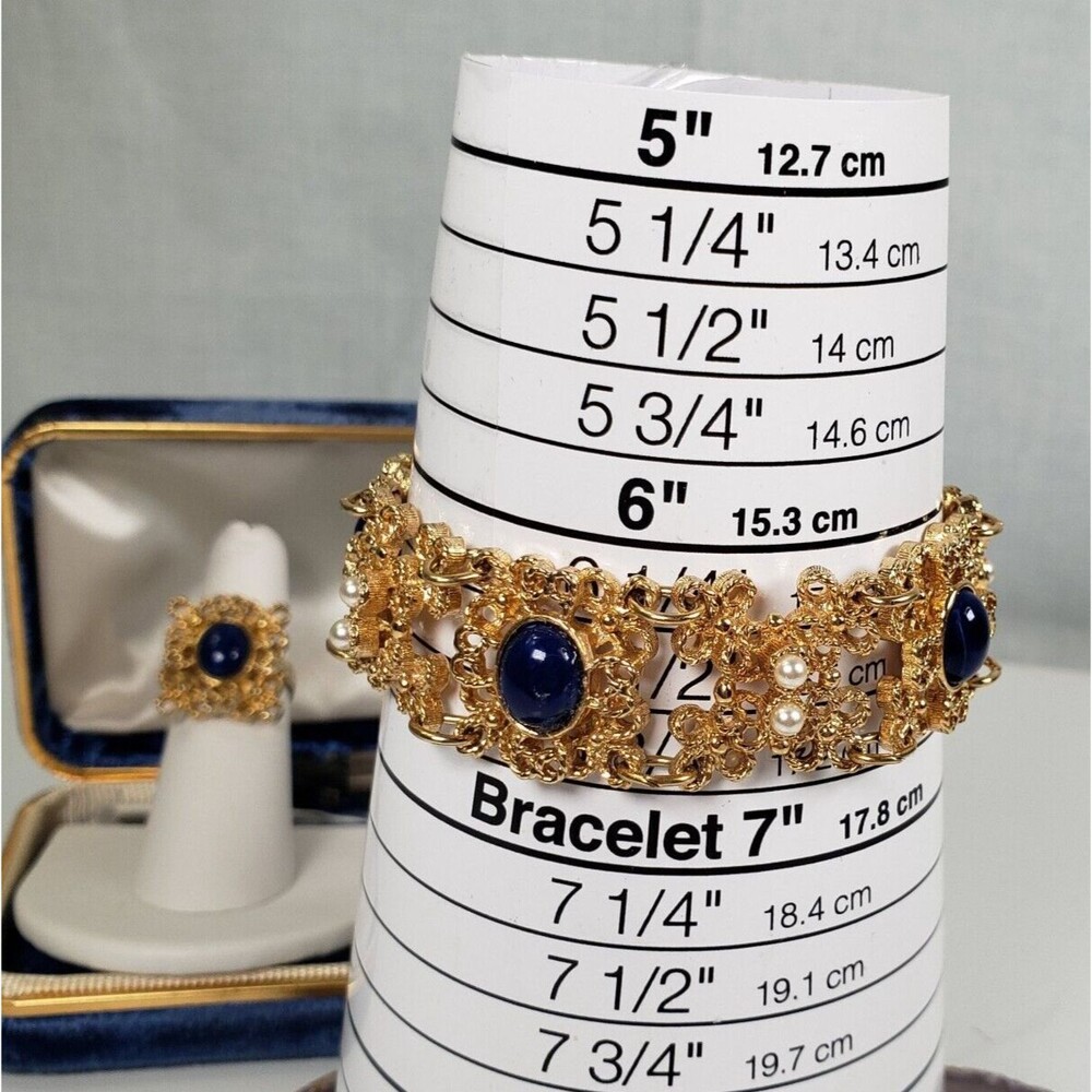 Vintage 1975 Sarah Coventry Victorian Blue Bracelet With Adjustable Ring Set - Picture 11 of 16